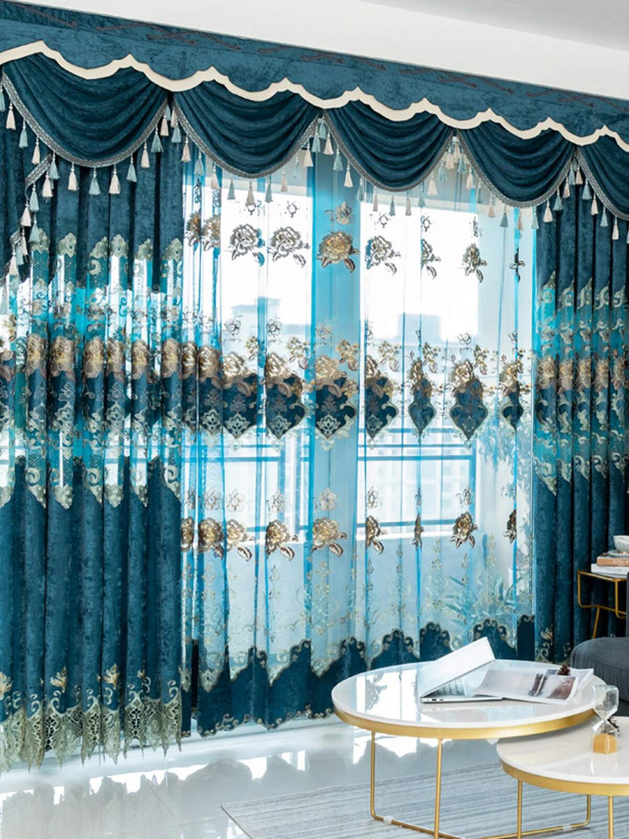 1pc Luxury Sheer Lace Embroidered Curtain For Living Room, Dining Room, Bedroom, Balcony, Blackout Curtain With Grommets