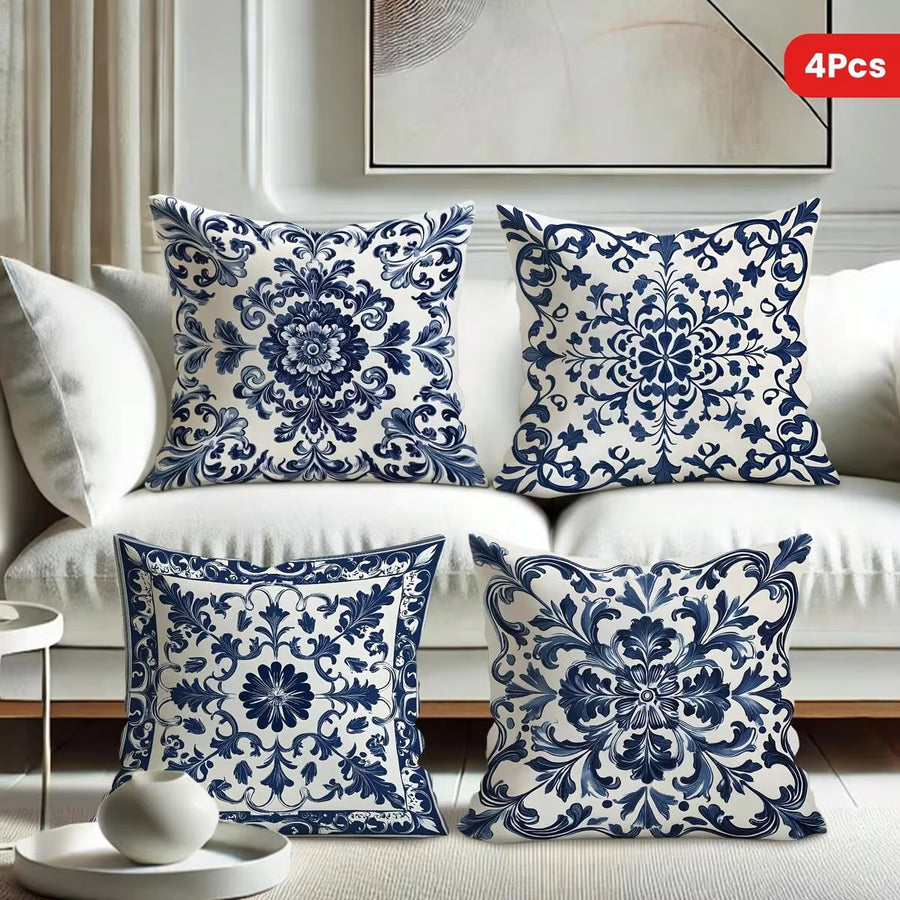 4pcs Bohemian Blue & White Floral Velvet Throw Pillow Covers, 45x45 Cm Square Decorative Pillowcases With Zipper Closure, Machine Washable Polyester For Living Room, Bedroom, Sofa & Bed Decor, Decorative Pillow Covers