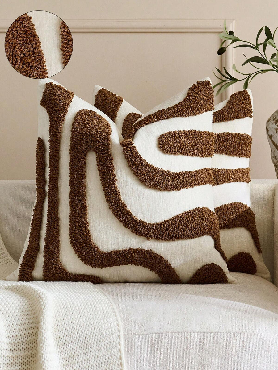 1pc/2pcs Bohemian Modern Japanese Wabi-Sabi Style Plush Throw Pillow Covers, 3D Abstract Curved Wave Texture Embroidered Beige/Cream Neutral Decorative Cushion Covers For Sofa, Living Room, Bedroom, Home Decor, Size 30*50cm 45*45cm
