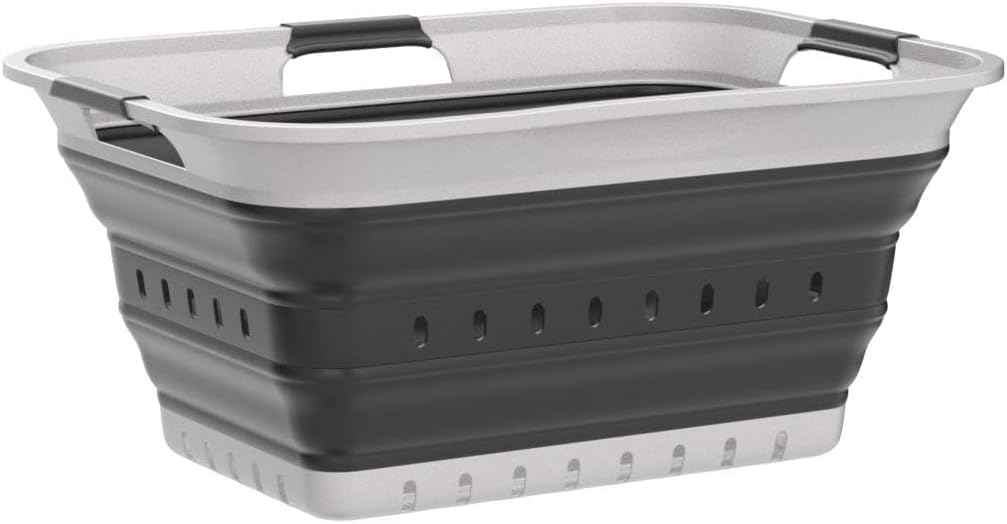 SAMMART 42L (11 gallon) Collapsible Plastic Laundry Basket - Foldable Pop Up Storage Container/Organizer - Space Saving Hamper/Basket (1, White/Grey)