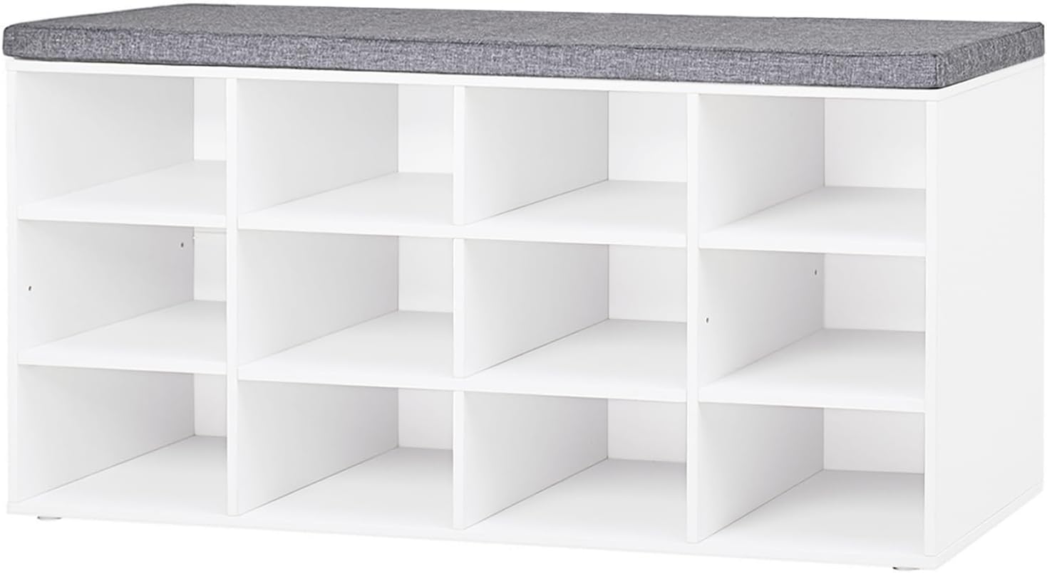 Shoe Storage Bench with Cushion, 15-Cubby Shoe Rack, Adjustable Shelves, Long Shoe Organizer Bench for Entryway, Mudroom, Hallway, Living Room