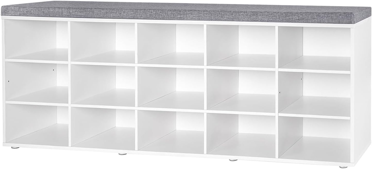 Shoe Storage Bench with Cushion, 15-Cubby Shoe Rack, Adjustable Shelves, Long Shoe Organizer Bench for Entryway, Mudroom, Hallway, Living Room