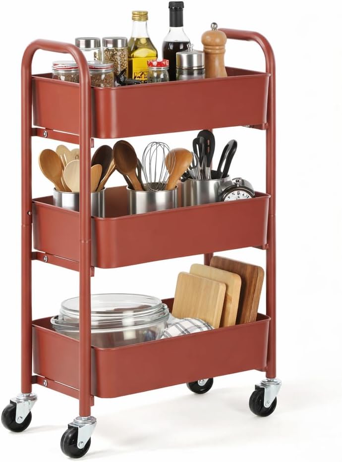 SunnyPoint 3-Tier Delicate Compact Rolling Metal Storage Organizer - Mobile Utility Cart Kitchen/Under Desk Cart with Caster Wheels - Army (15.35" X