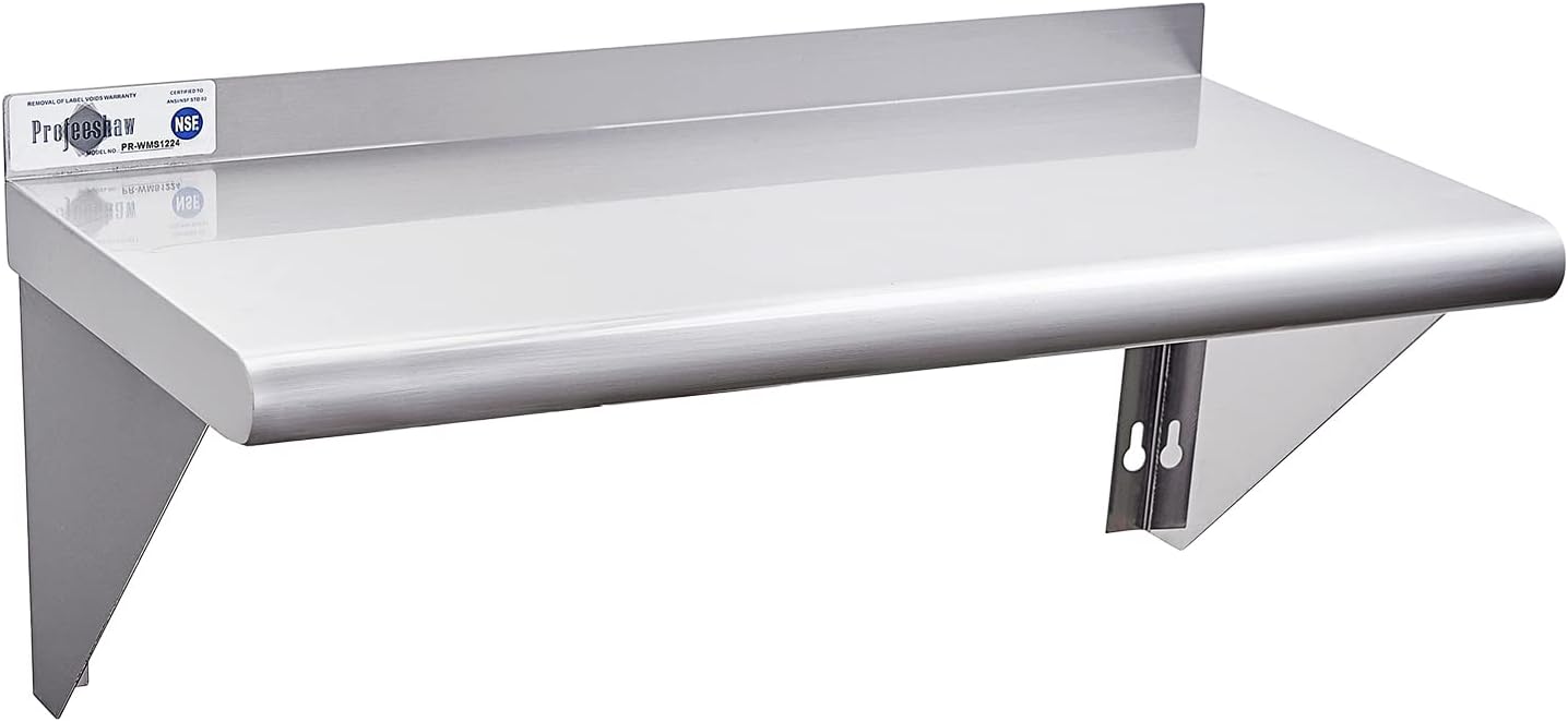 Profeeshaw NSF Stainless Steel Wall Shelf 12x24, Commercial Wall Shelving, Supports up to 230 lb; easy to install and wipe clean, with room for mixers