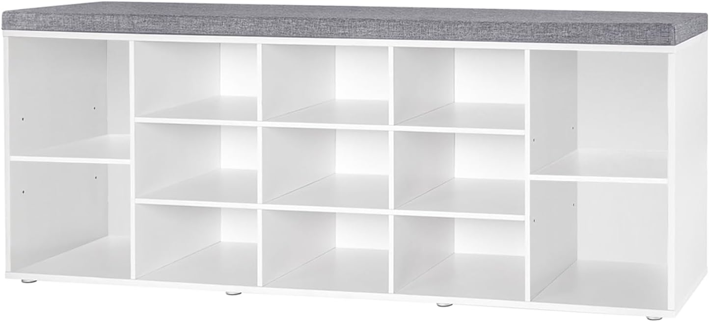 Shoe Storage Bench with Cushion, 15-Cubby Shoe Rack, Adjustable Shelves, Long Shoe Organizer Bench for Entryway, Mudroom, Hallway, Living Room