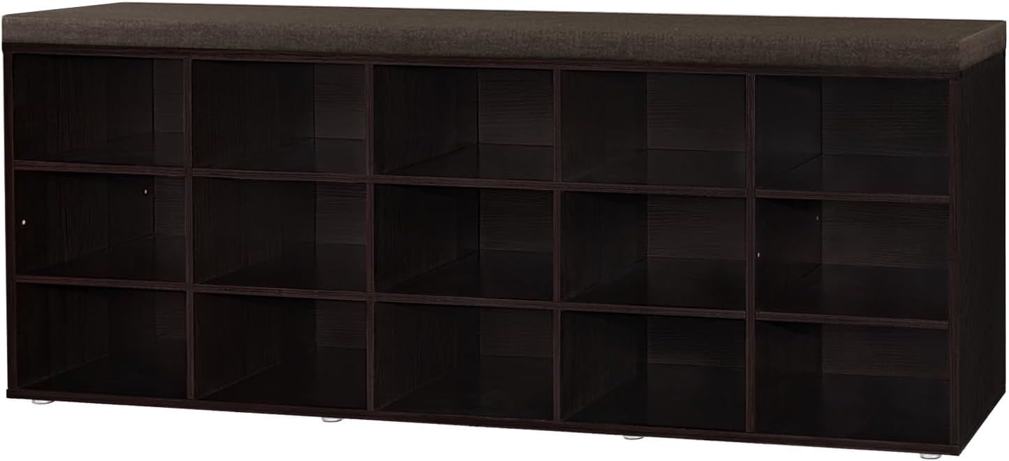 Shoe Storage Bench with Cushion, 15-Cubby Shoe Rack, Adjustable Shelves, Long Shoe Organizer Bench for Entryway, Mudroom, Hallway, Living Room