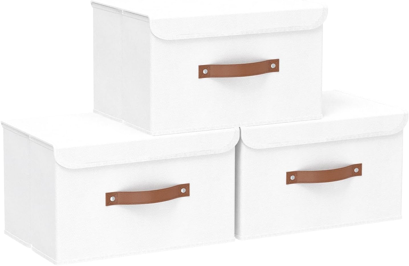Yawinhe Collapsible Storage Boxes, Linen Fabric Baskets, Bin with lid and Leather Handle, Washable, for Home, Closet, Beige, 17.7''Lx11.8''Wx11.8''H