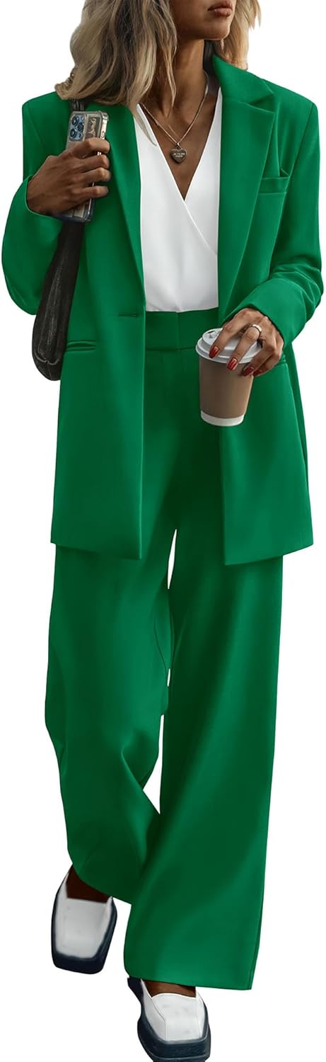 KIRUNDO Women Suits 2 Piece Set Business Casual Dressy Oversized Blazer Jacket and Wide Leg Dress Pantsuits Formal Outfits