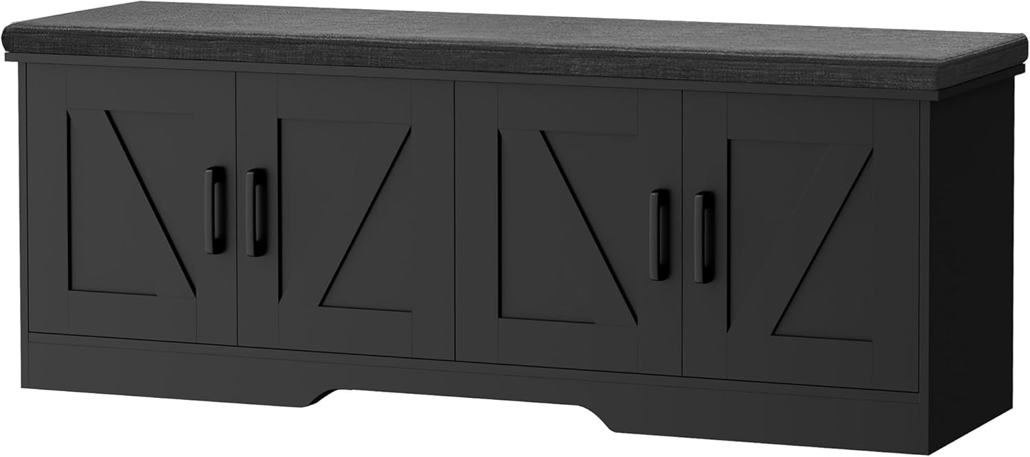 HOMSHO Farmhouse Shoe Storage Bench with 4 Barn Doors and Padded Seat Cushion, 47.2" Wide Entryway Bench with Adjustable Shelves and Hidden Storage