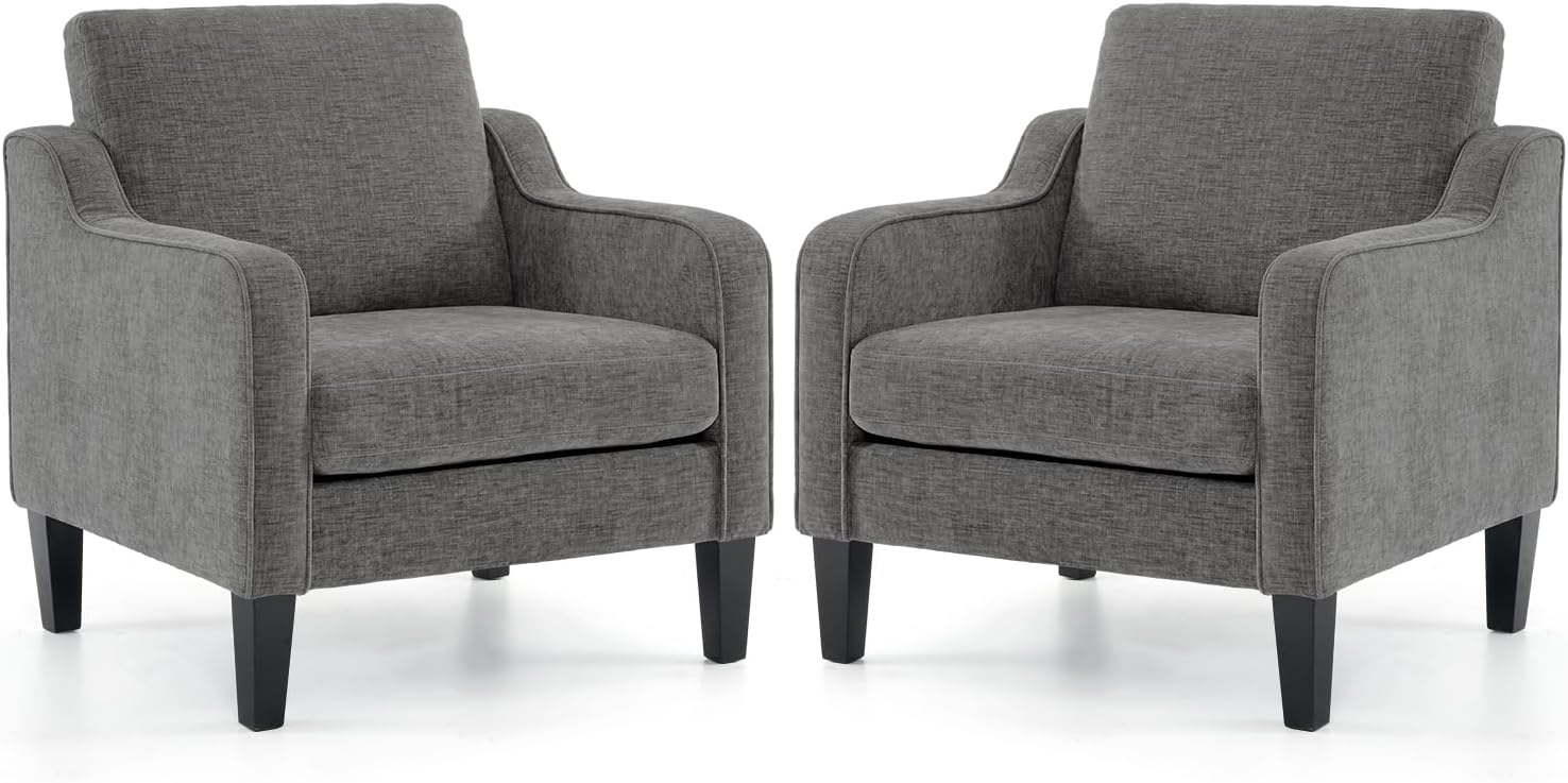 VINGLI Mid Century Modern Accent Chair, Light Grey Fabric Accent Chairs for Living Room Upholstered Armchair with Scooped Arms for Bedroom, Apartment