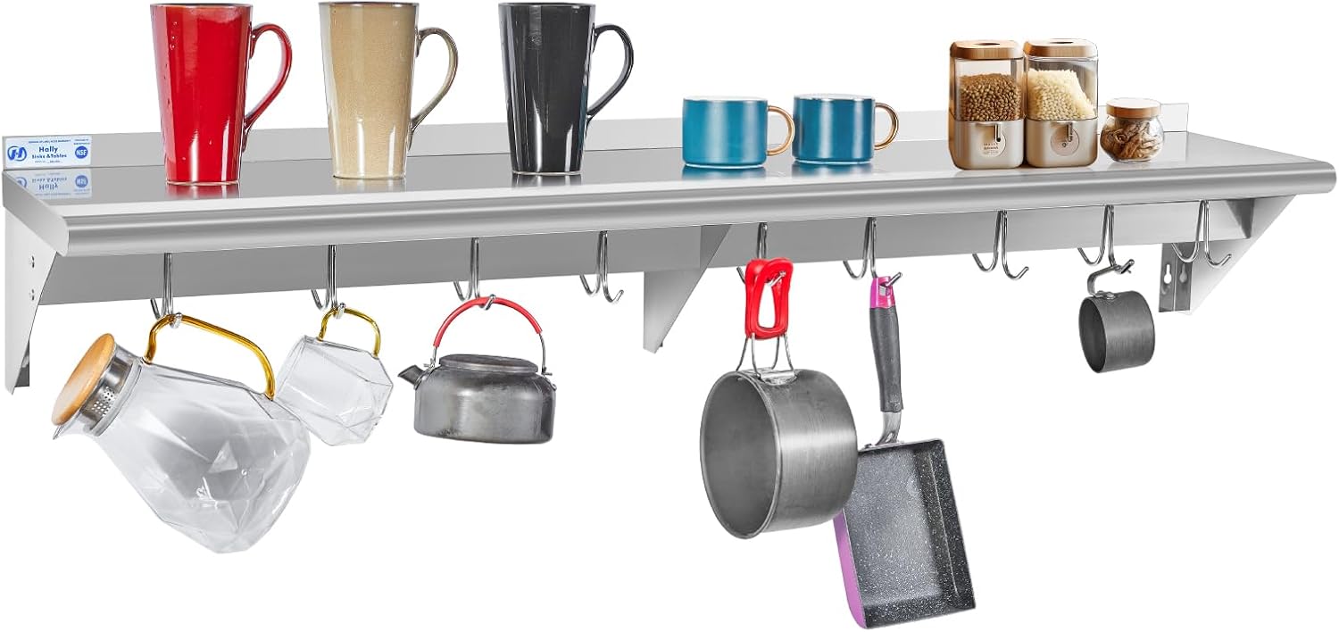 Hally Stainless Steel Wall Shelf 18 x 48 in, Hanging Pot Rack with 6 Hooks, Keeps bulky cookware
