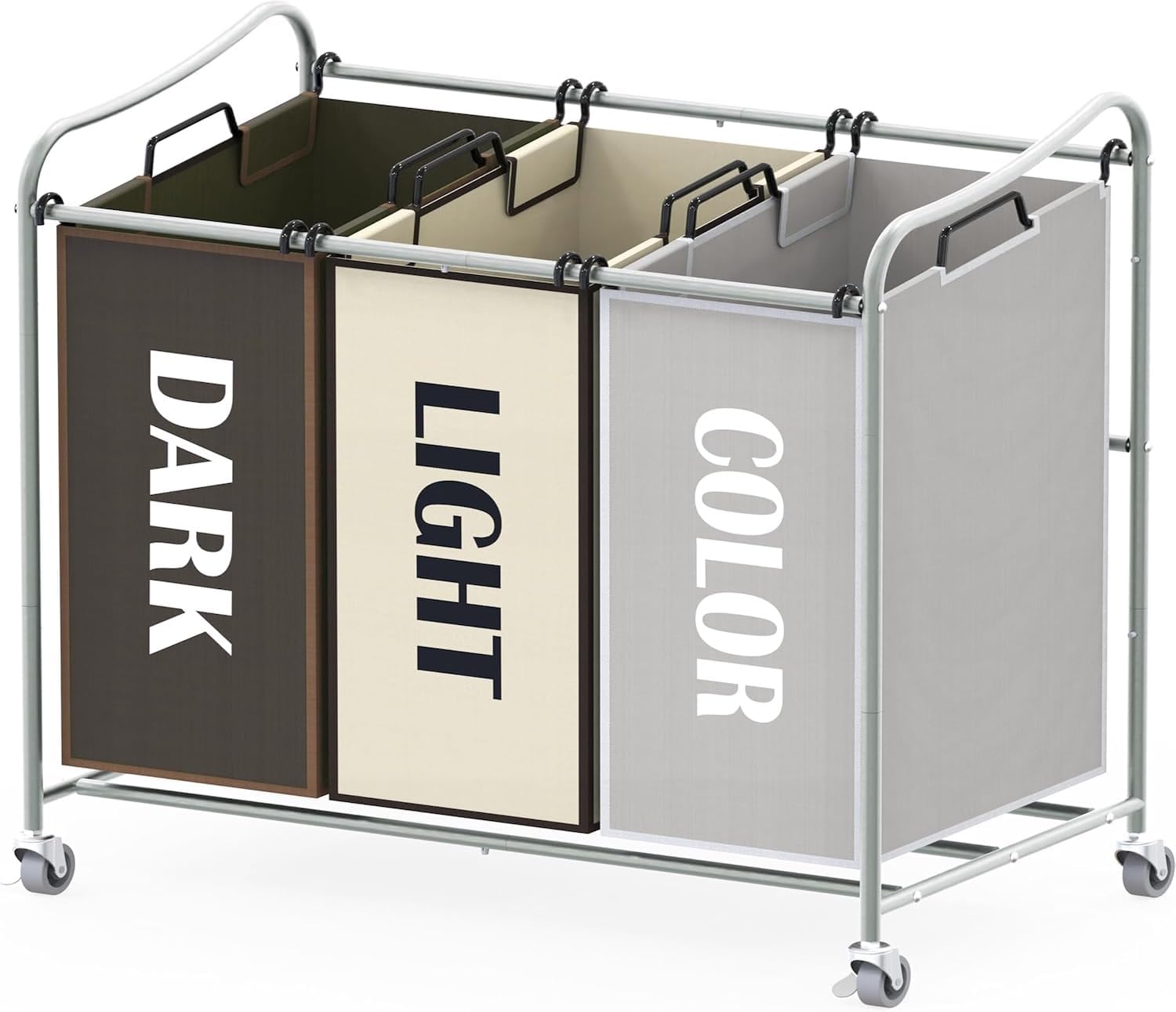 Simple Houseware Heavy Duty 3-Bag Laundry Sorter Rolling Cart, Assorted, Removable Bags and Lockable Wheels for Laundry Room Organization