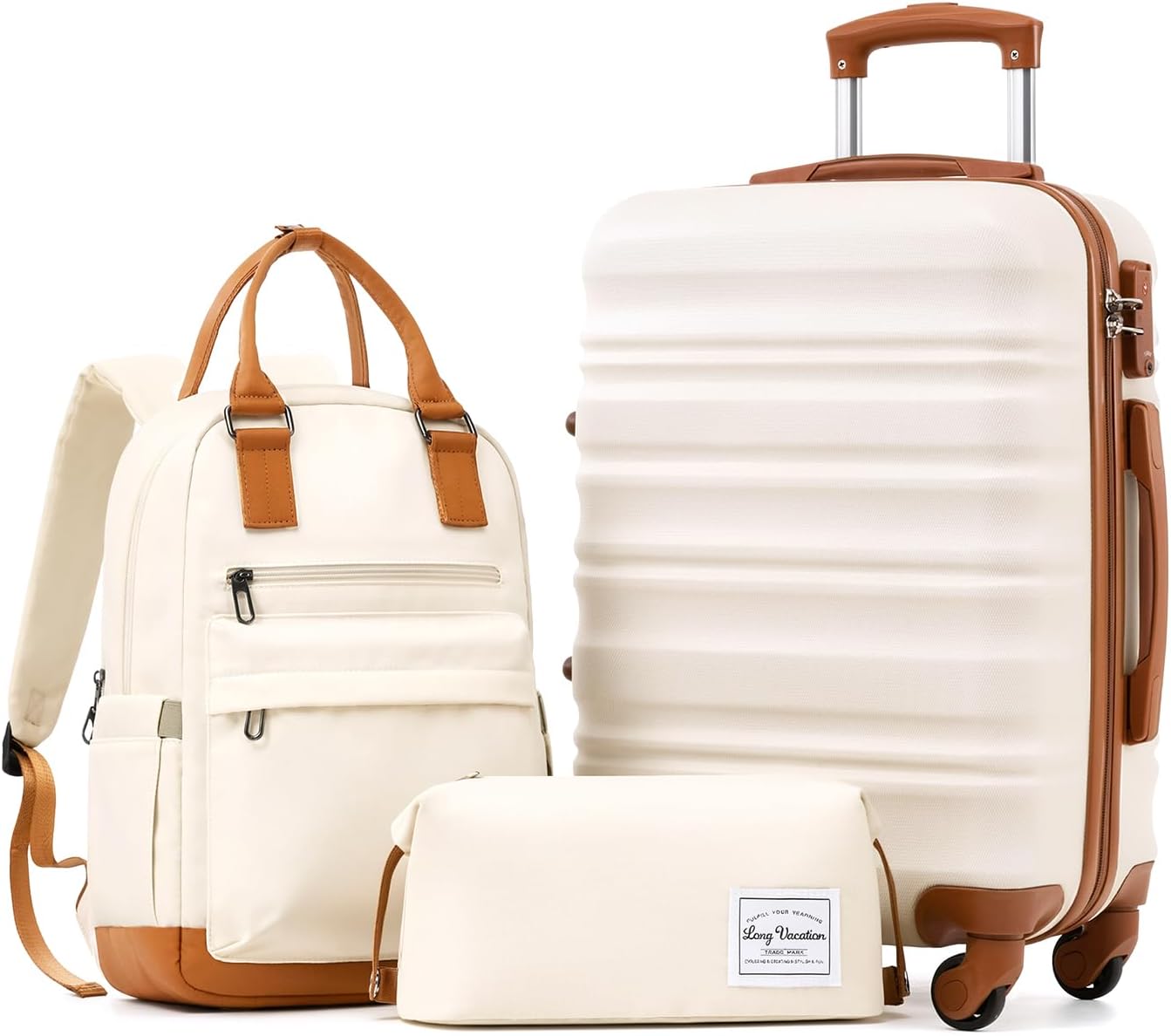 LONG VACATION 6 Piece Luggage Set Carry on Suitcase with ABS+PC hardshell, Spinner Wheels and YKK Zipper TSA Lock (BEIGE-BROWN, 6 piece set)