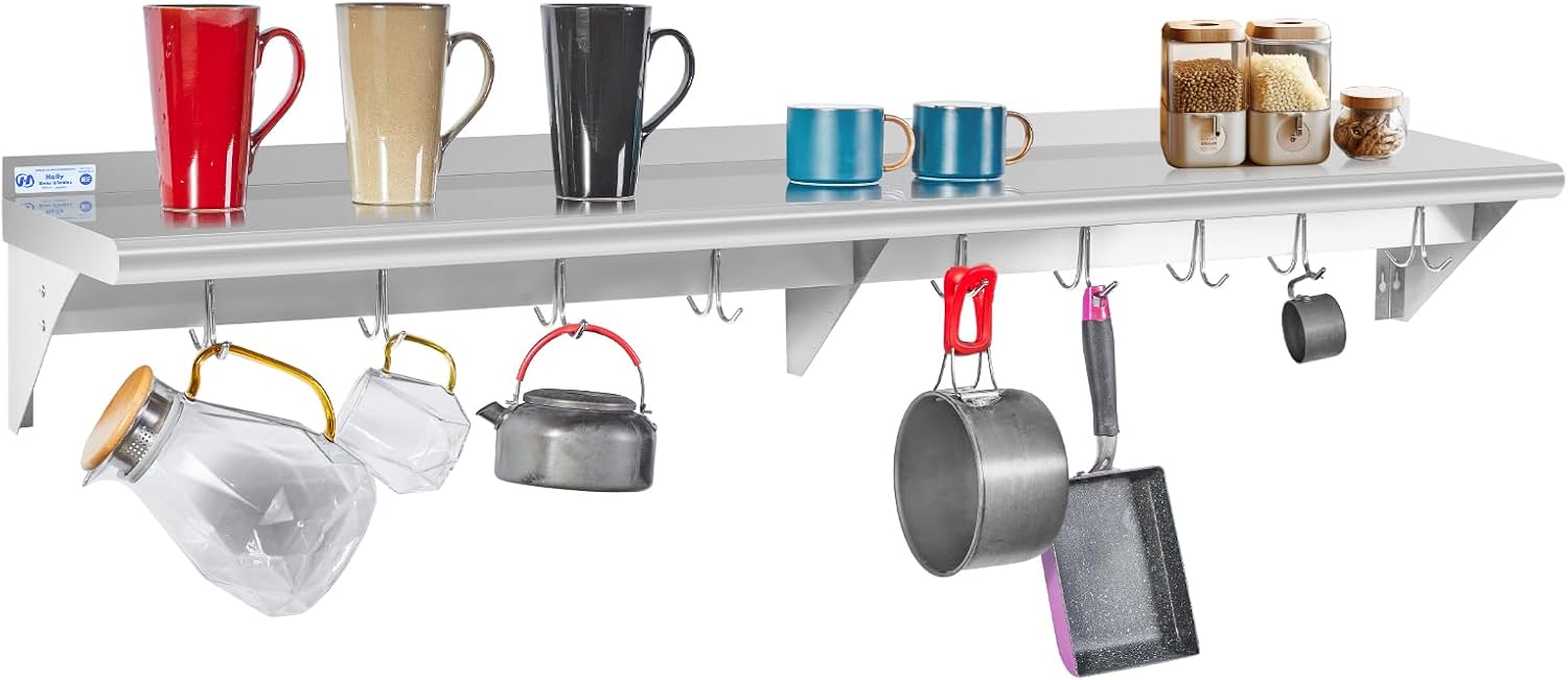Hally Stainless Steel Wall Shelf 18 x 48 in, Hanging Pot Rack with 6 Hooks, Keeps bulky cookware