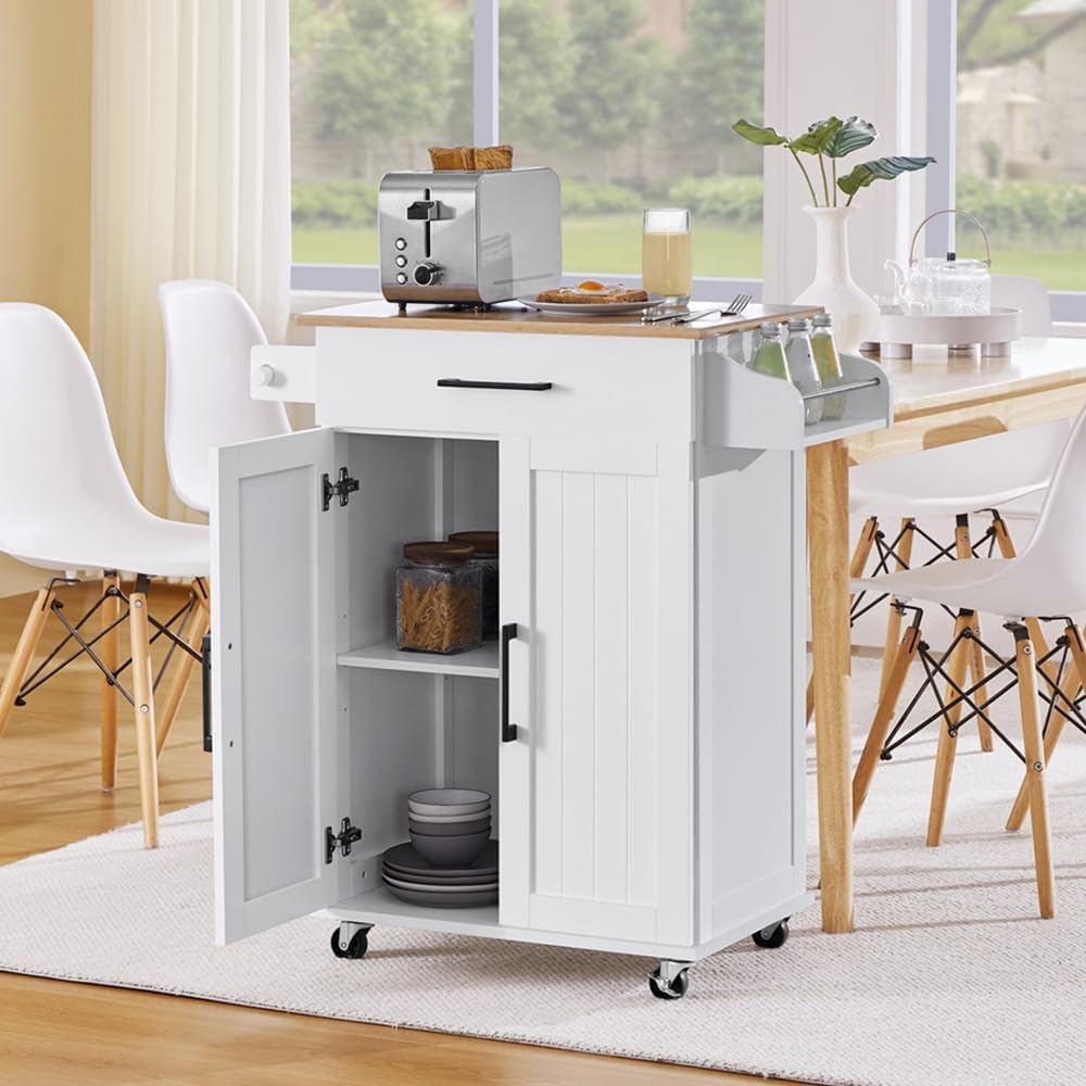 Yaheetech Kitchen Island on Wheels with Storage Cabinet, Rolling Kitchen Cart with Bamboo Top and Drawer and Spice Rack Towel Bar