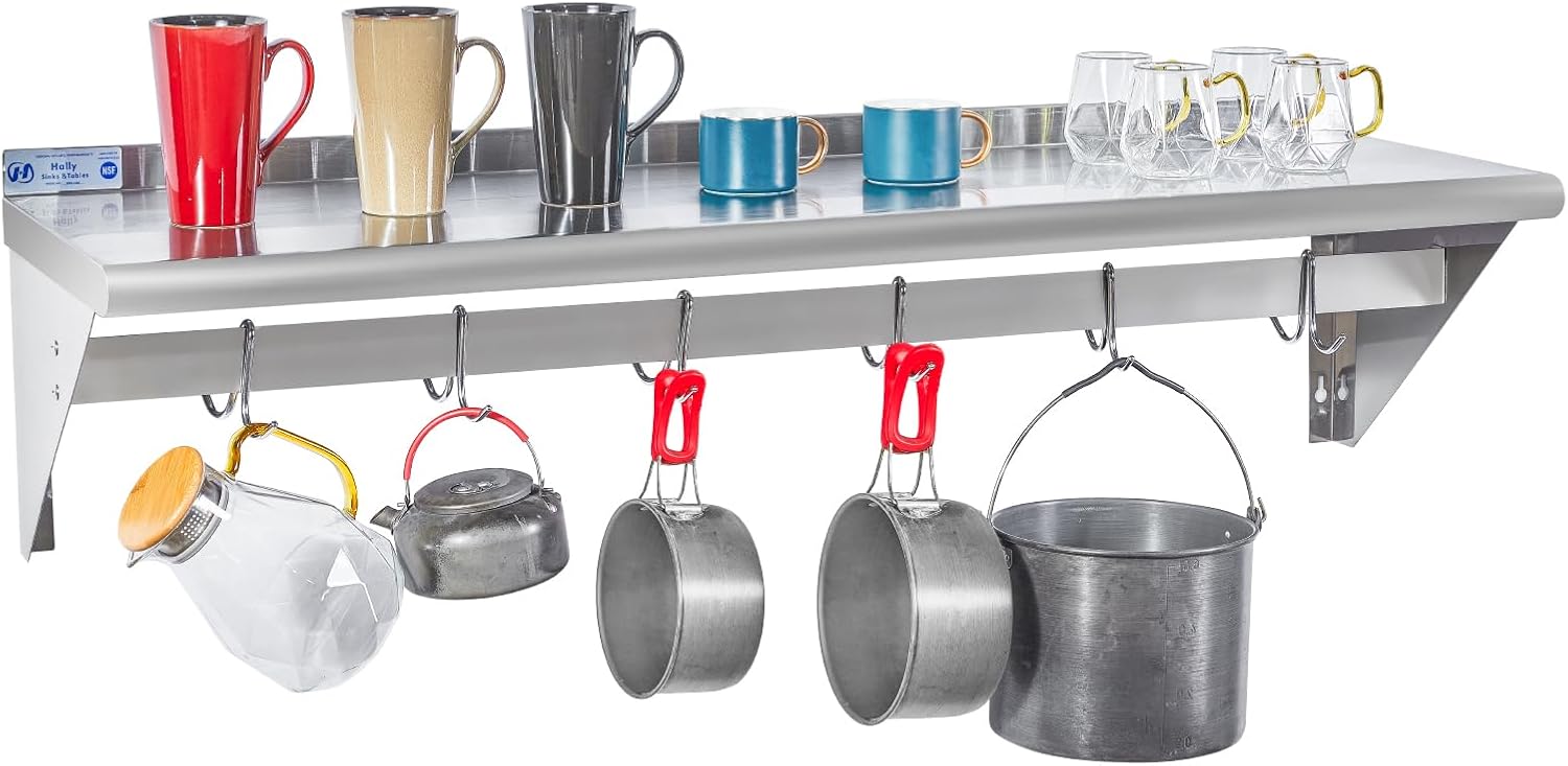 Hally Stainless Steel Wall Shelf 18 x 48 in, Hanging Pot Rack with 6 Hooks, Keeps bulky cookware