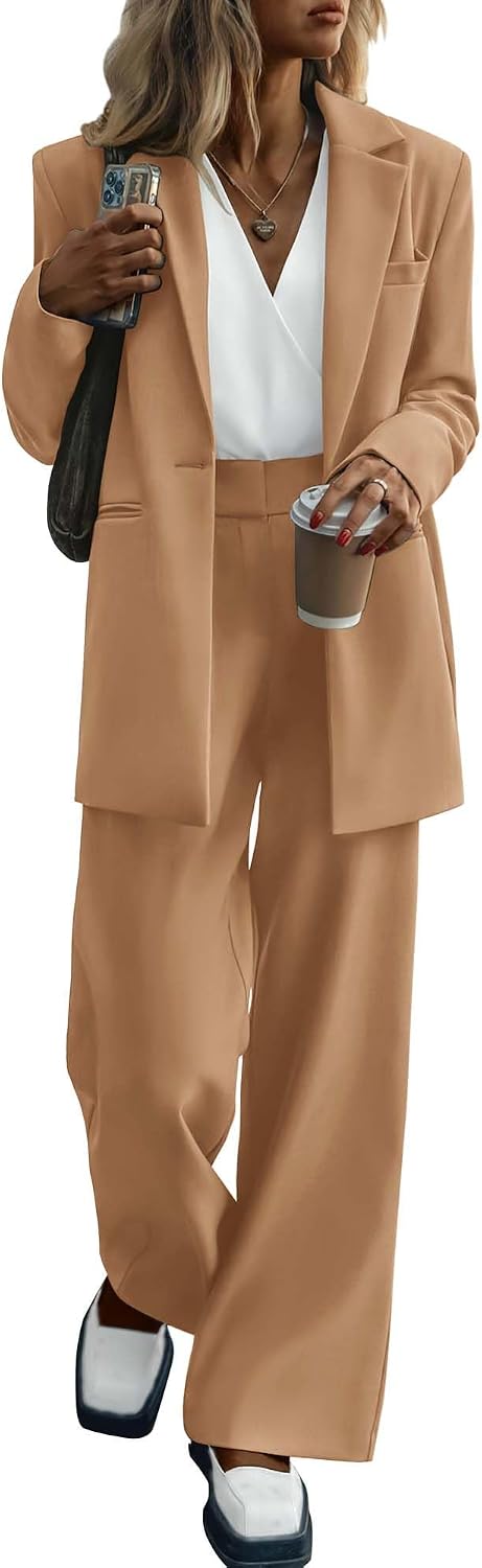 KIRUNDO Women Suits 2 Piece Set Business Casual Dressy Oversized Blazer Jacket and Wide Leg Dress Pantsuits Formal Outfits