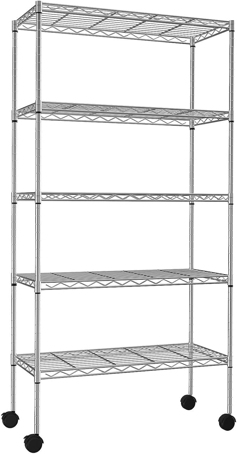 Heavy Duty 6 Tier Shelving Unit Adjustable 6000Lbs Capacity Steel Storage Rack 18" x 48 x 76 Mobile Shelves Wire Shelf Silver Rolling Utility Cart for