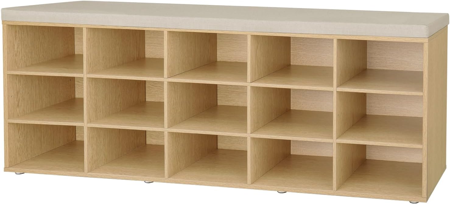 Shoe Storage Bench with Cushion, 15-Cubby Shoe Rack, Adjustable Shelves, Long Shoe Organizer Bench for Entryway, Mudroom, Hallway, Living Room