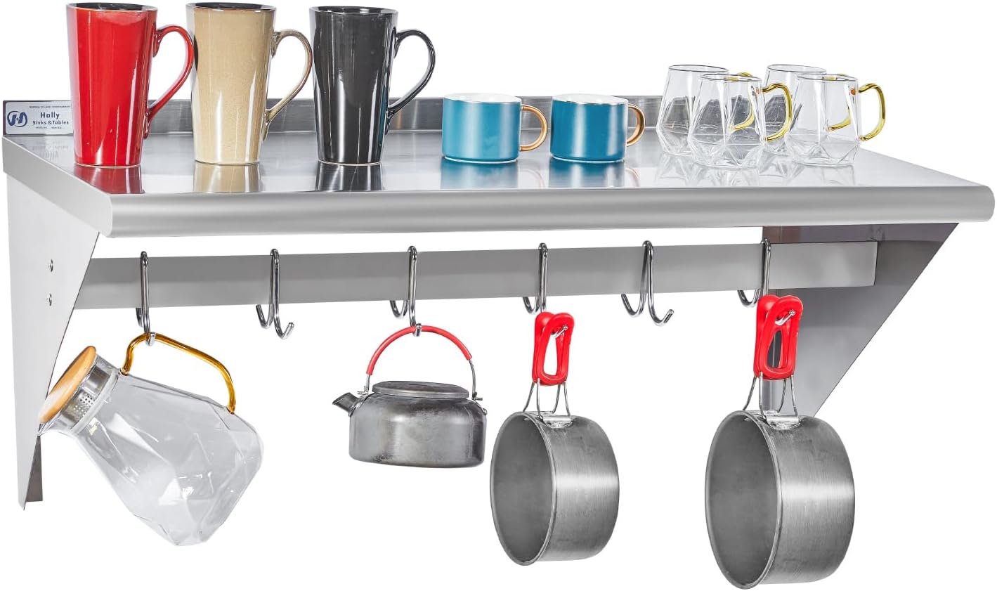 Hally Stainless Steel Wall Shelf 18 x 48 in, Hanging Pot Rack with 6 Hooks, Keeps bulky cookware