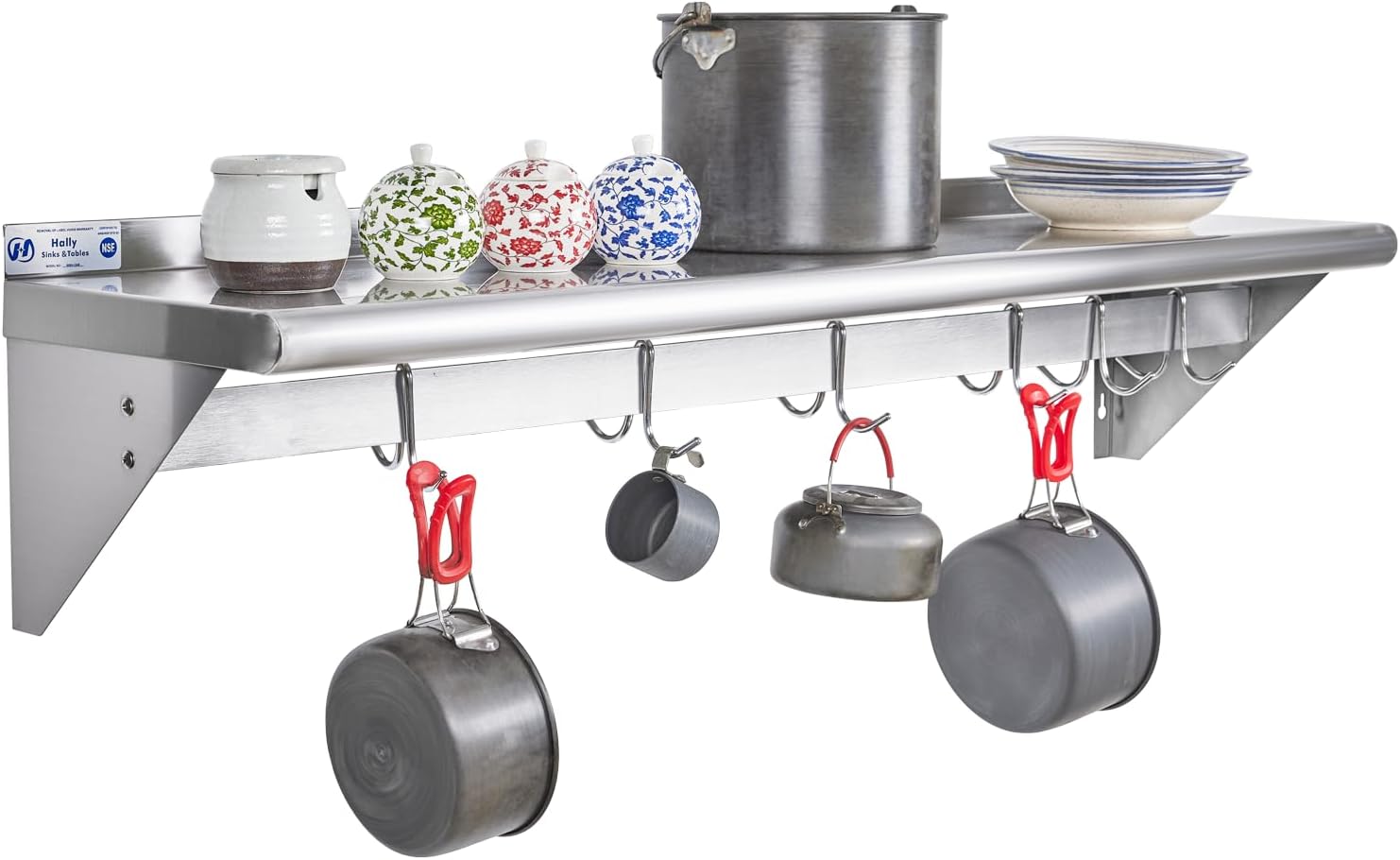 Hally Stainless Steel Wall Shelf 18 x 48 in, Hanging Pot Rack with 6 Hooks, Keeps bulky cookware