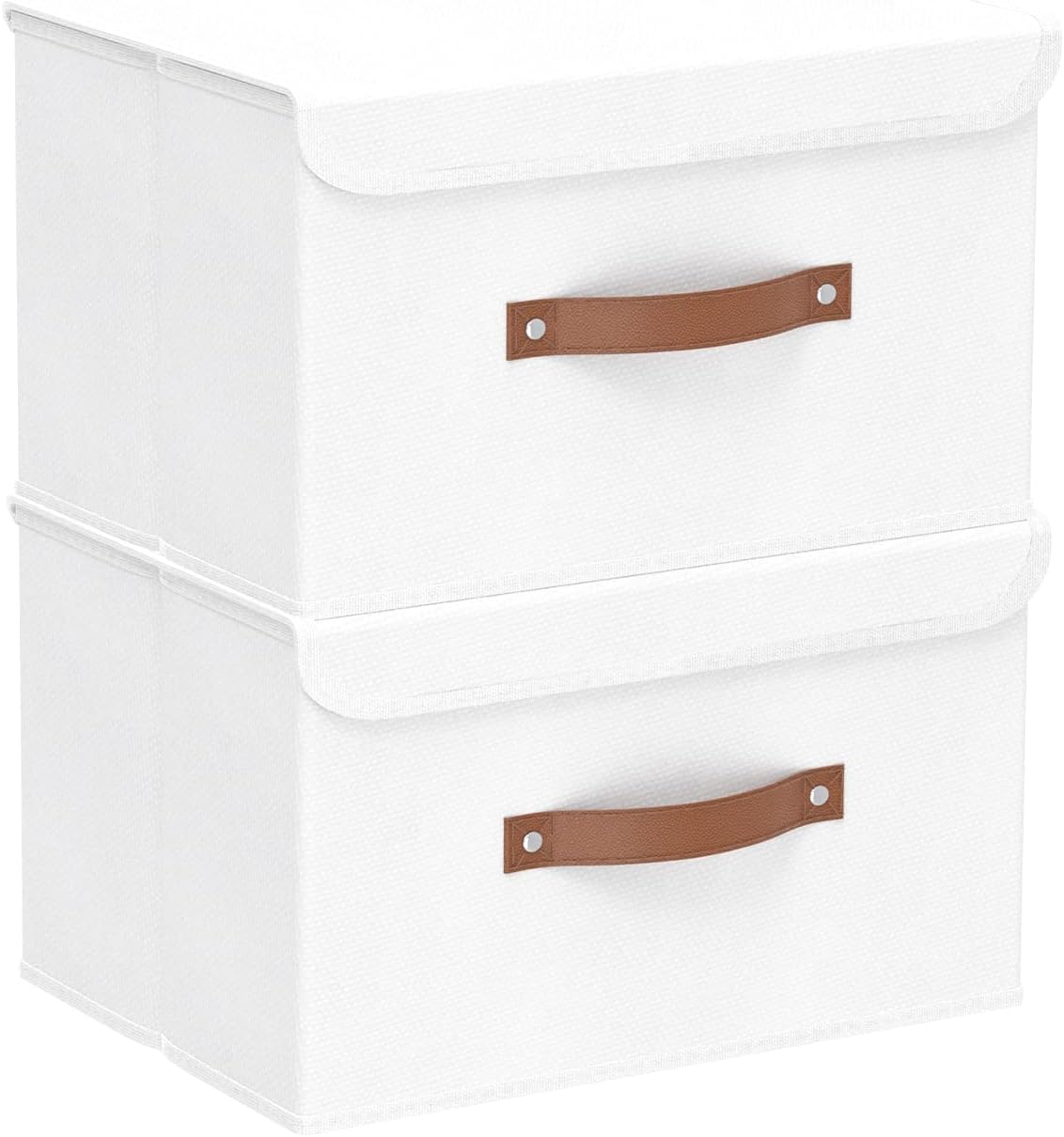 Yawinhe Collapsible Storage Boxes, Linen Fabric Baskets, Bin with lid and Leather Handle, Washable, for Home, Closet, Beige, 17.7''Lx11.8''Wx11.8''H