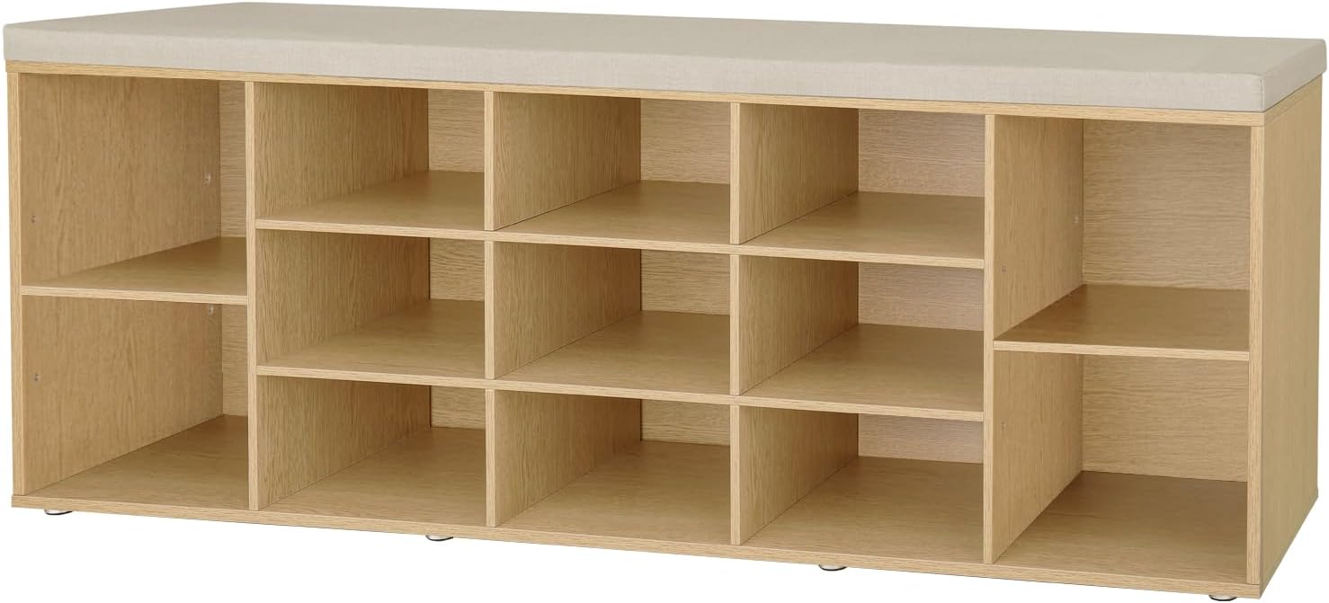 Shoe Storage Bench with Cushion, 15-Cubby Shoe Rack, Adjustable Shelves, Long Shoe Organizer Bench for Entryway, Mudroom, Hallway, Living Room