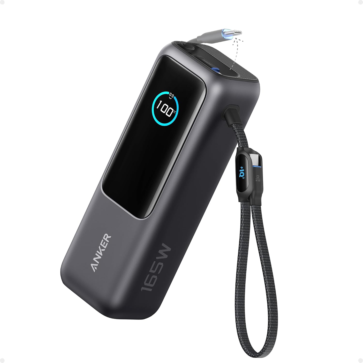 Anker Laptop Power Bank, 25, 000mAh Portable Charger with 165W Total Output, 3 USB-C Ports (100W Max Each), Built-in Retractable Cables, Flight-Ready