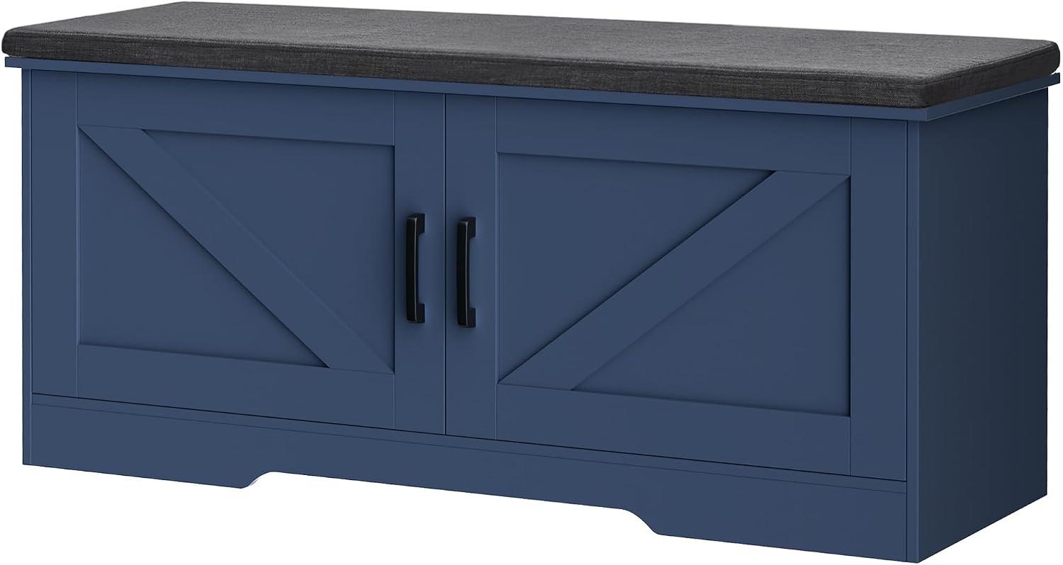 HOMSHO Farmhouse Shoe Storage Bench with 4 Barn Doors and Padded Seat Cushion, 47.2" Wide Entryway Bench with Adjustable Shelves and Hidden Storage