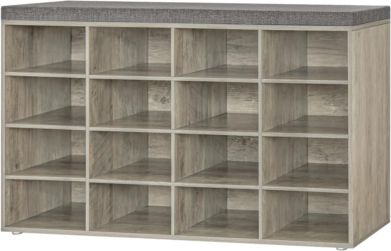 Shoe Storage Bench with Cushion, 15-Cubby Shoe Rack, Adjustable Shelves, Long Shoe Organizer Bench for Entryway, Mudroom, Hallway, Living Room