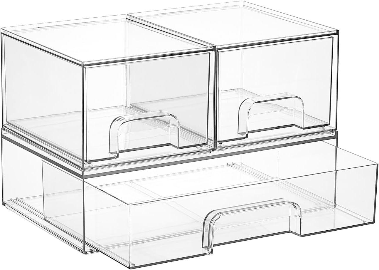 Vtopmart Stackable Storage Drawers Set of 6, Clear Plastic Organizer Bins for Bathroom Supplies, for Cabinet, Shelf, Pantry, Laundry Room Organization