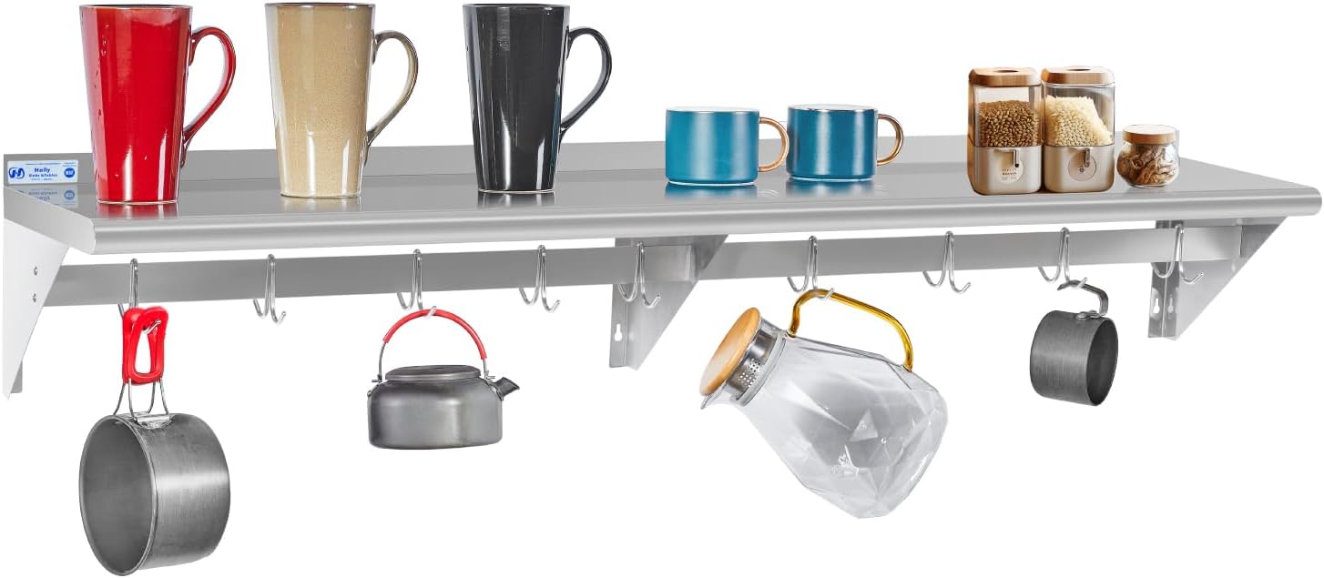 Hally Stainless Steel Wall Shelf 18 x 48 in, Hanging Pot Rack with 6 Hooks, Keeps bulky cookware