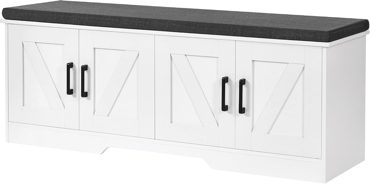 HOMSHO Farmhouse Shoe Storage Bench with 4 Barn Doors and Padded Seat Cushion, 47.2" Wide Entryway Bench with Adjustable Shelves and Hidden Storage