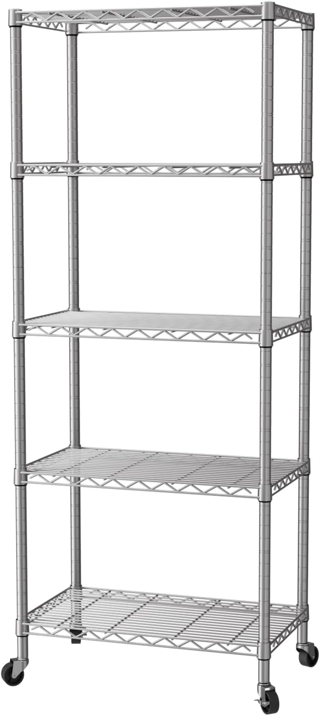 5 Shelves Storage Shelf Wire Shelving Unit Metal Adjustable Wheels, Small Shelf Storage with Wheels Organizers Closet Unit for Bathroom Laundry Room