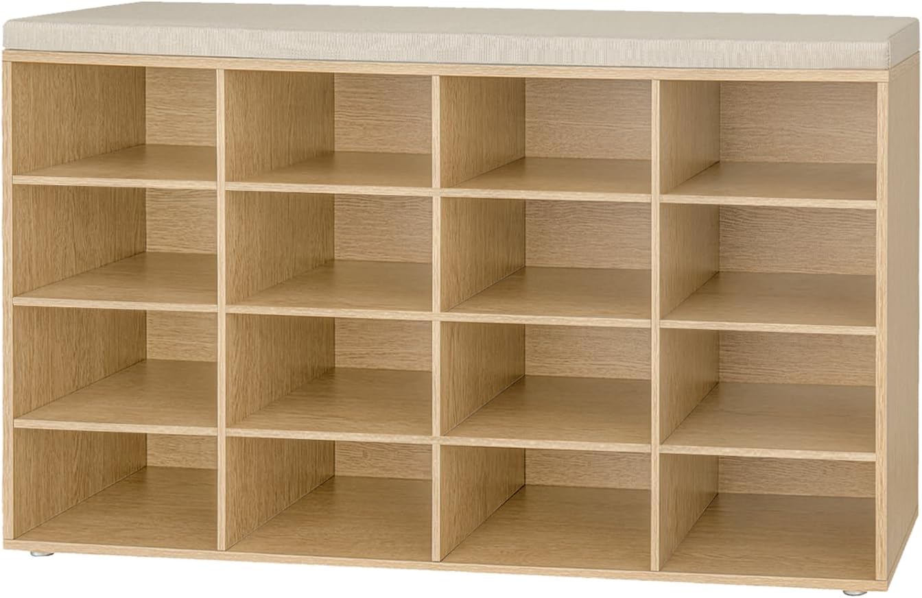 Shoe Storage Bench with Cushion, 15-Cubby Shoe Rack, Adjustable Shelves, Long Shoe Organizer Bench for Entryway, Mudroom, Hallway, Living Room