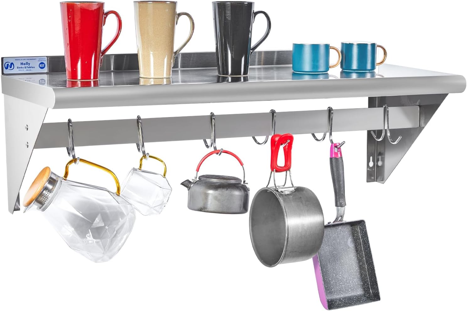 Hally Stainless Steel Wall Shelf 18 x 48 in, Hanging Pot Rack with 6 Hooks, Keeps bulky cookware