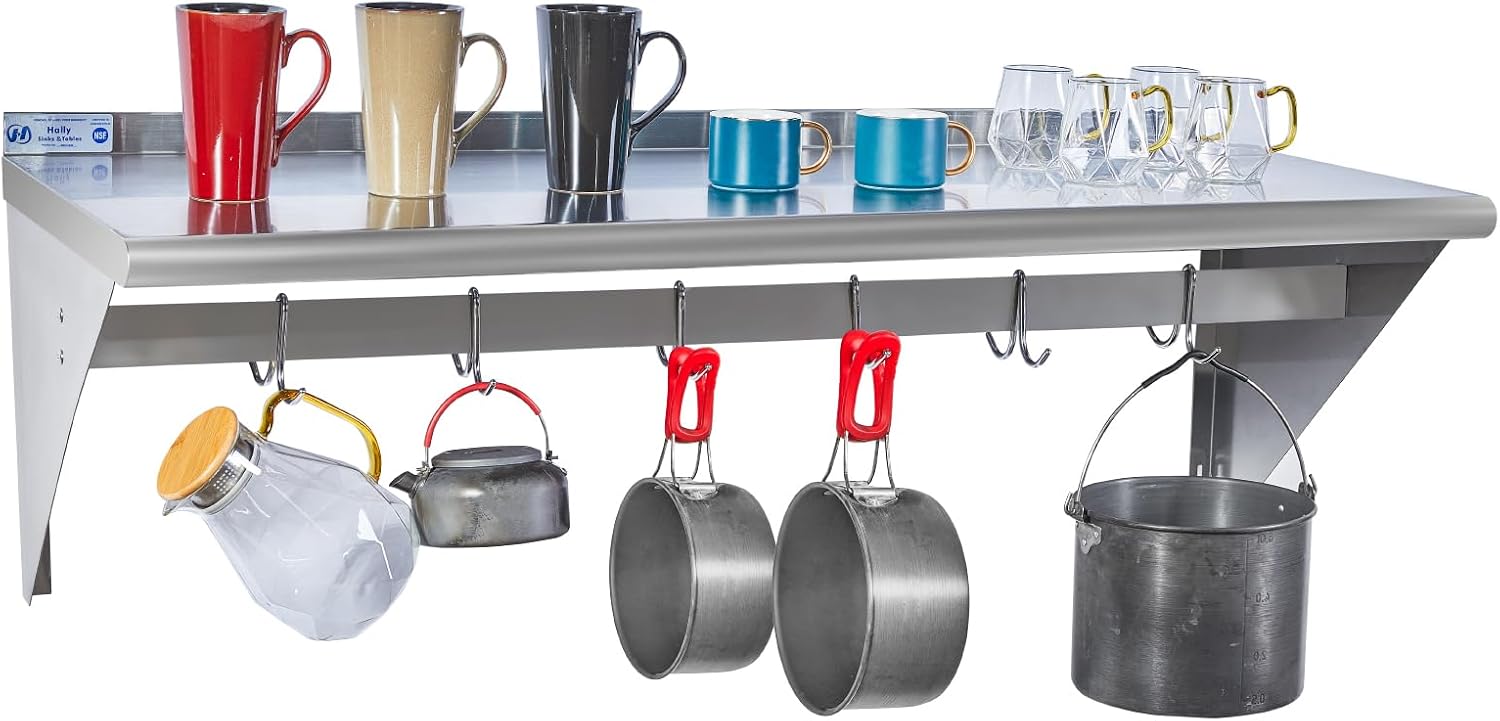 Hally Stainless Steel Wall Shelf 18 x 48 in, Hanging Pot Rack with 6 Hooks, Keeps bulky cookware