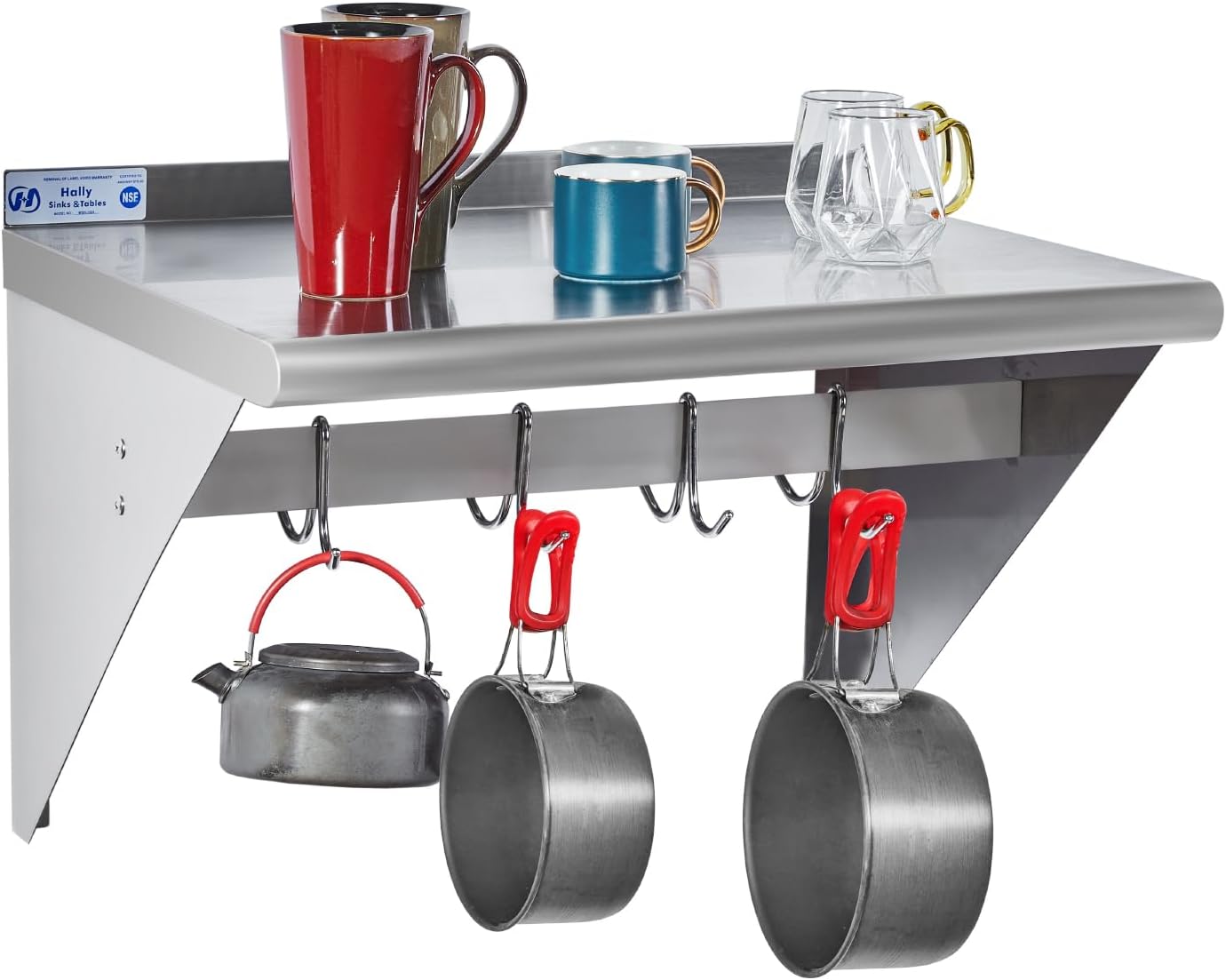 Hally Stainless Steel Wall Shelf 18 x 48 in, Hanging Pot Rack with 6 Hooks, Keeps bulky cookware