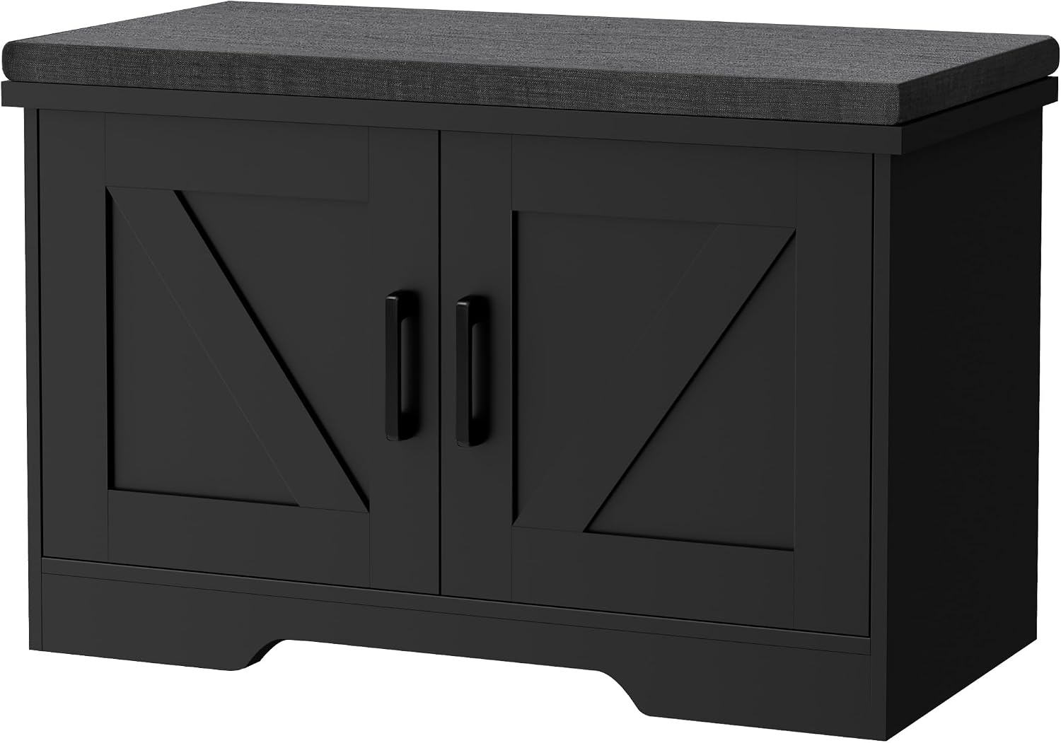 HOMSHO Farmhouse Shoe Storage Bench with 4 Barn Doors and Padded Seat Cushion, 47.2" Wide Entryway Bench with Adjustable Shelves and Hidden Storage