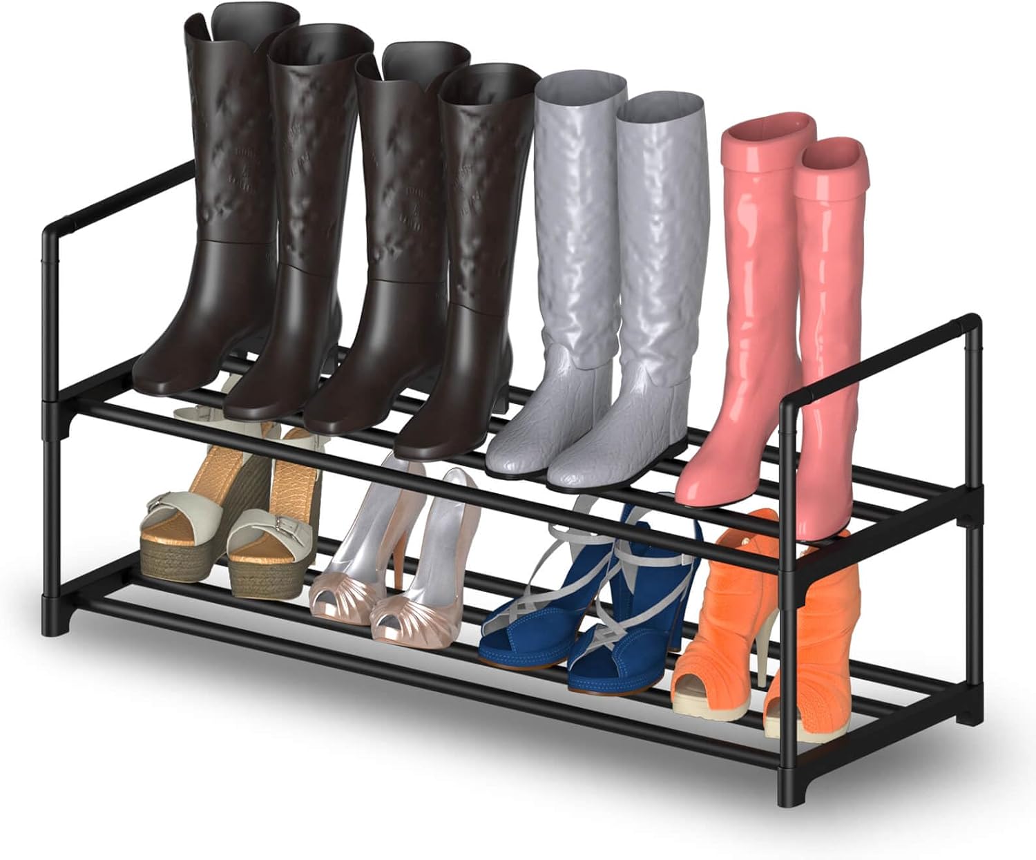 Hsscblet 6 Tiers Metal Shoe Rack, Adjustable Shoe Shelf Storage Organizer with Hooks, Stackable Boot and Shoe Storage, for Entryway, Hallway, Closet