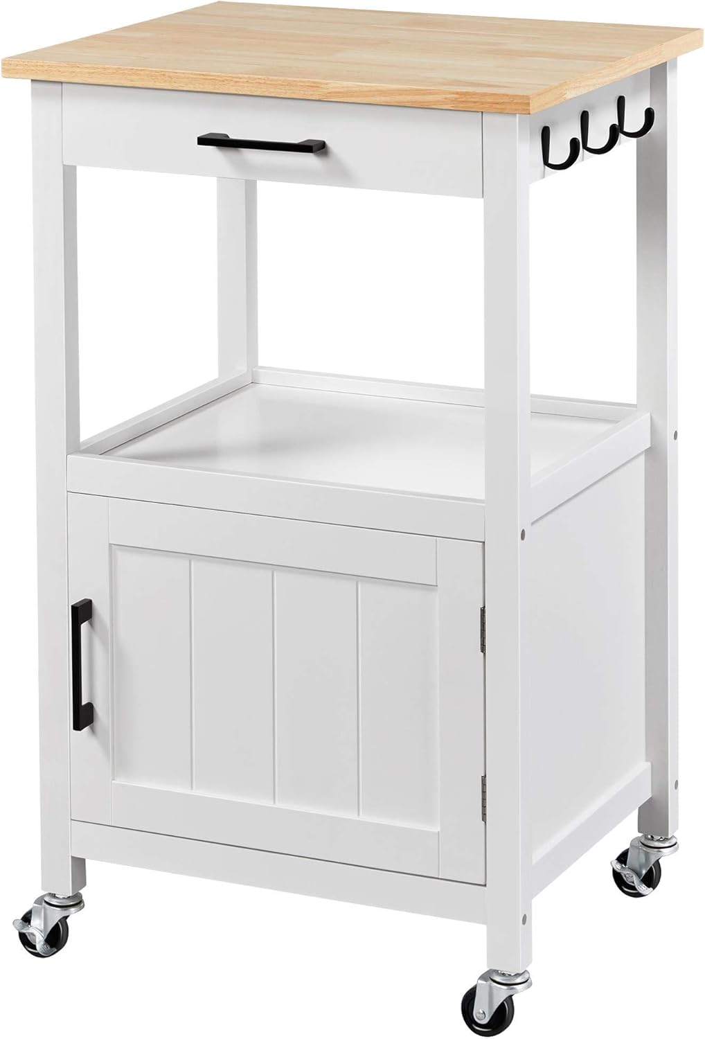 Yaheetech Kitchen Island Cart with Storage, Rolling Kitchen Island on Wheels with 6 Side Hooks, Wood Top Microwave Cart with Drawer for Dining, Black