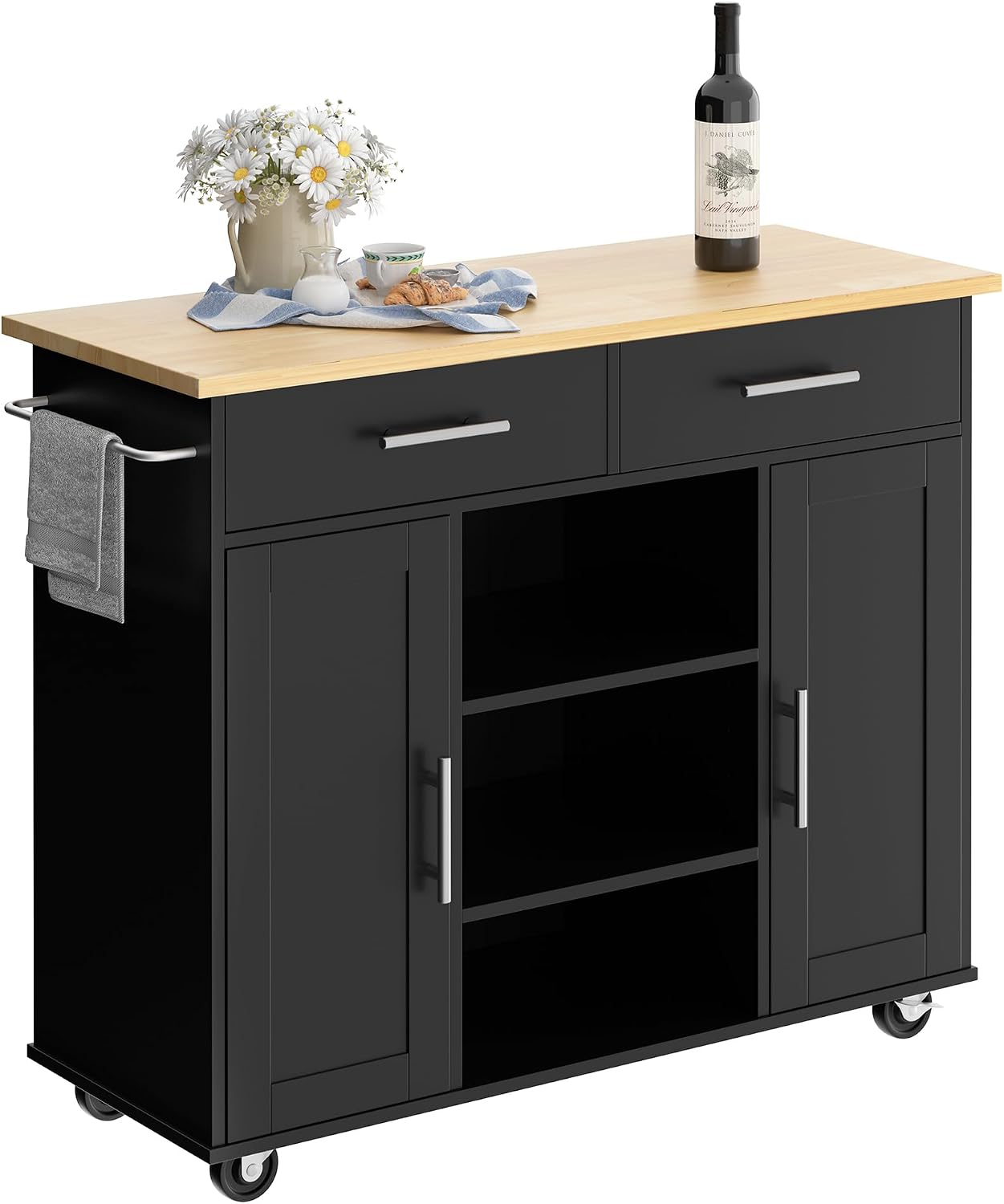 Shintenchi Kitchen Island cart with Storage, Portable Bar Cabinet on Wheels, Rolling Microwave Cart Side Table with Workstation for Kitchen, Black