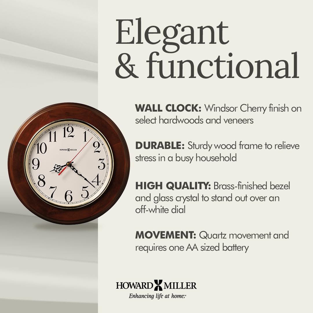 Howard Miller Brentwood Wall Clock - Wood Finish, Brass Bezel, Silent Quartz Movement, Round, Battery Operated, Home or Office Decor