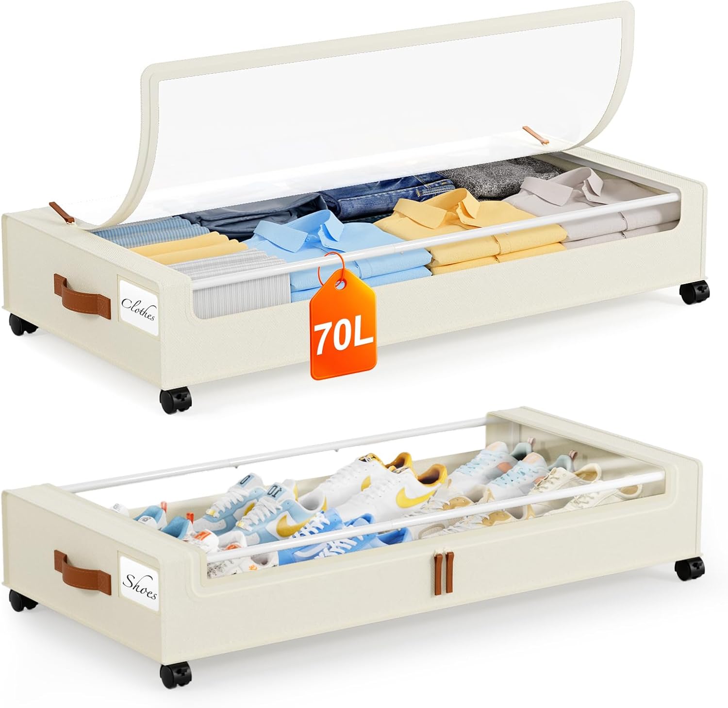 Yecaye Under Bed Storage with Wheels 2 Pack, 70L Larger Capacity Under Bed Storage Containers, Underbed Shoe Storage Organizer