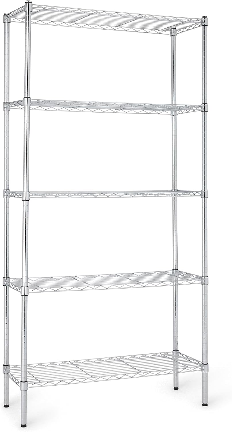 Amazon Basics 5-Shelf Adjustable, Heavy Duty Storage Shelving Unit on 4" Wheel Casters, Easy to Move Portable Wire Shelving