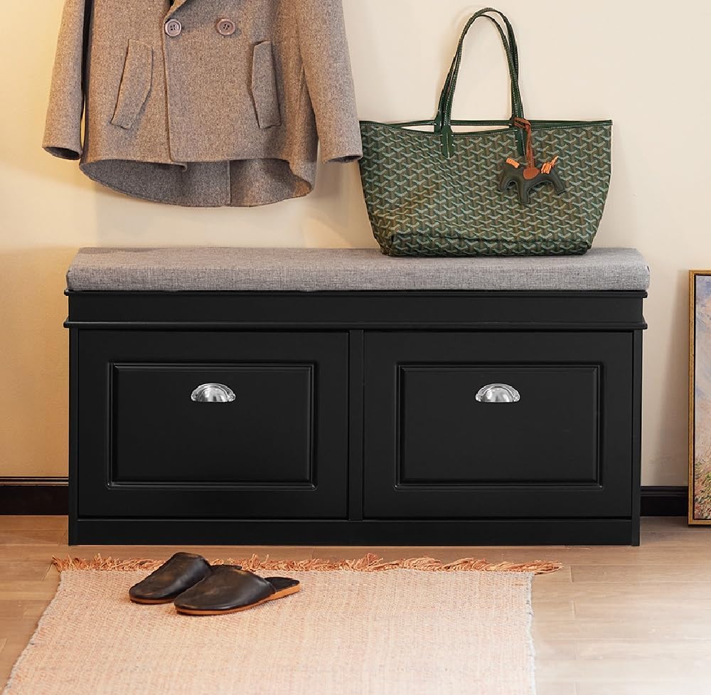 Haotian Shoe Storage Bench Entryway, Shoe Cabinet Bench with 2 Flip Drawers and Cushion, Modern Design Shoe Organizer for Hallway, White FSR64-W
