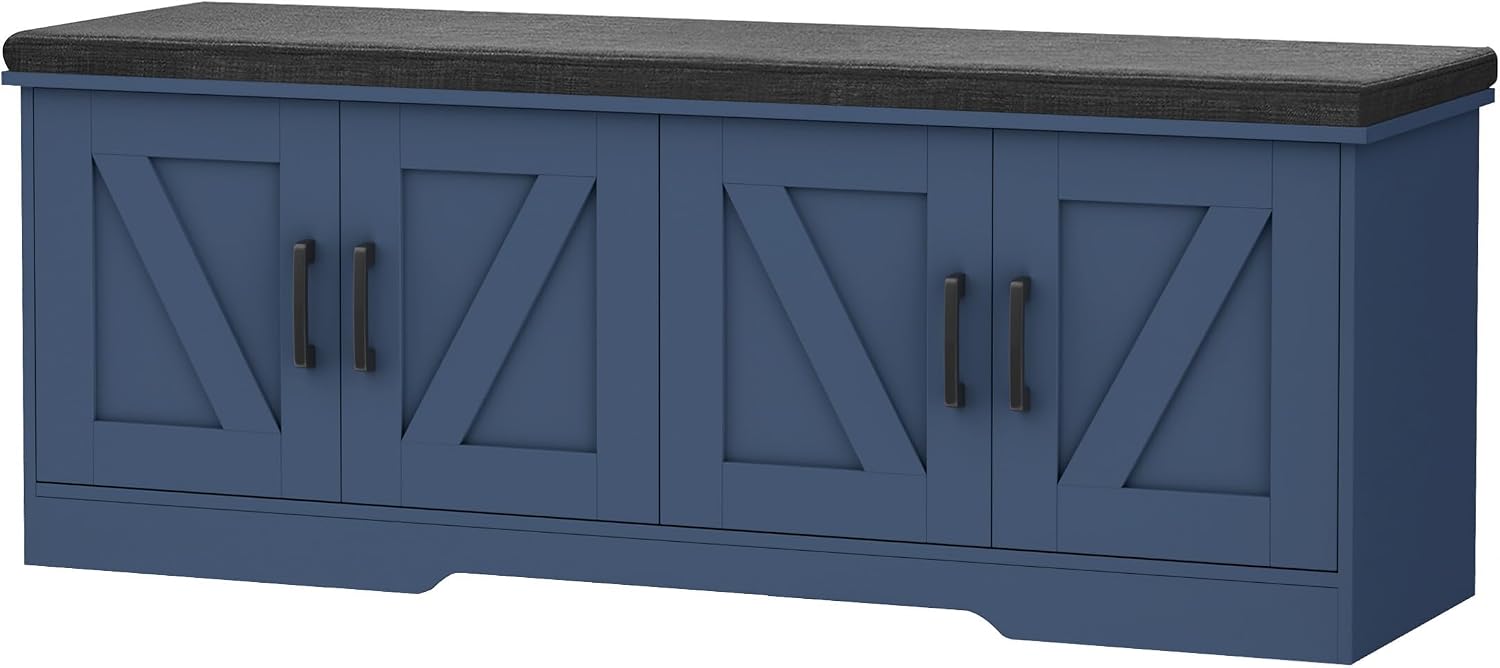 HOMSHO Farmhouse Shoe Storage Bench with 4 Barn Doors and Padded Seat Cushion, 47.2" Wide Entryway Bench with Adjustable Shelves and Hidden Storage