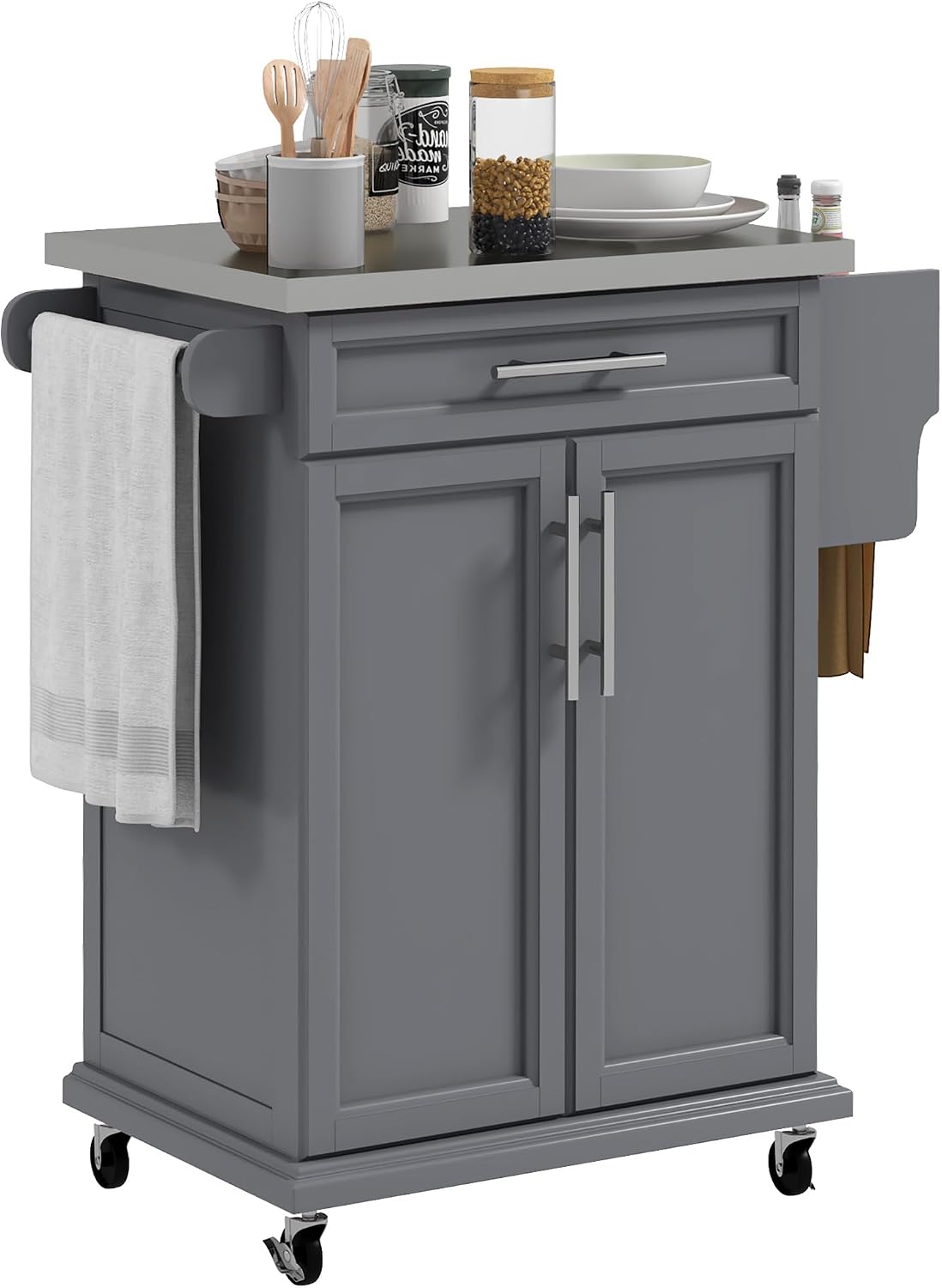 HOMCOM Kitchen Island on Wheels with Stainless Steel Countertop Black, Rolling Kitchen Cart, Drawer, Towel Rack and Spice Rack