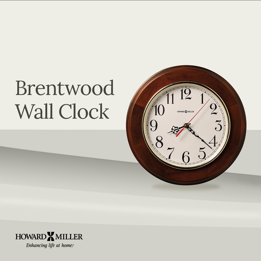 Howard Miller Brentwood Wall Clock - Wood Finish, Brass Bezel, Silent Quartz Movement, Round, Battery Operated, Home or Office Decor
