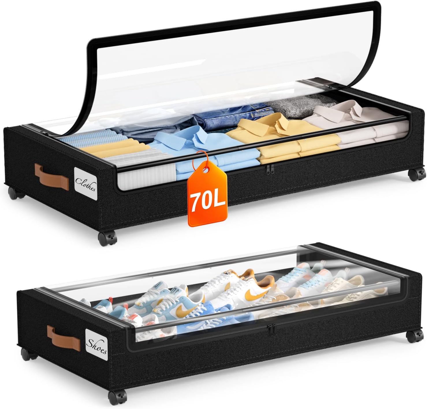 Yecaye Under Bed Storage with Wheels, 2Pack Under Bed Storage Containers, Underbed Shoe Storage Organizer, Rolling Under Bed Metal Drawers for Clothes